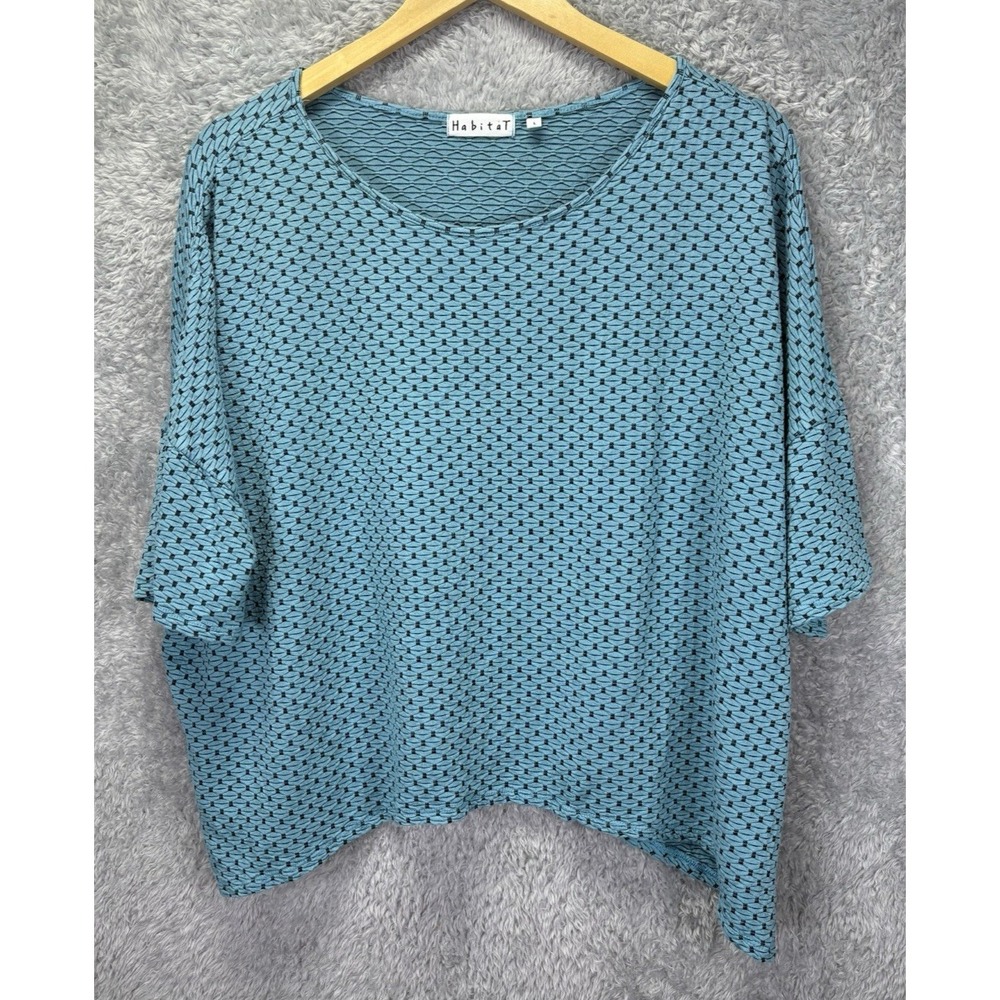 Habitat Womens Large Blue Black Textured Geometric Tunic Top Lagenlook Stretch